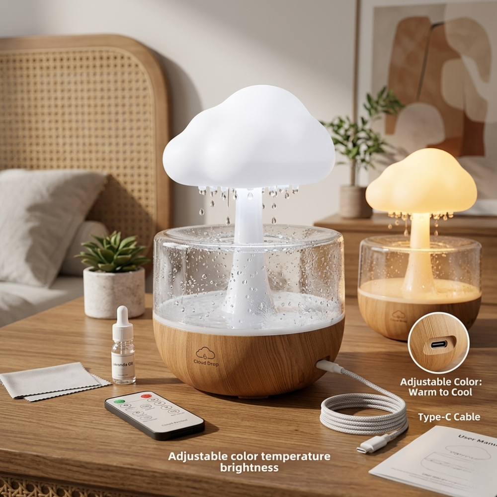 51 Rain Cloud Night Light Humidifier with Raining Water Drop Sound Oil Diffuser for Bedroom - Image 1
